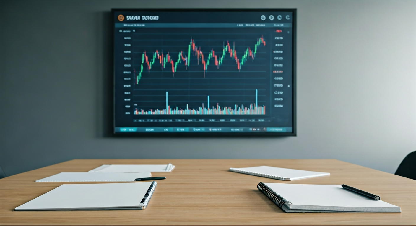 Bright training room with a large screen displaying market charts, notebooks on desks, and a calm learning atmosphere focused on trading education.