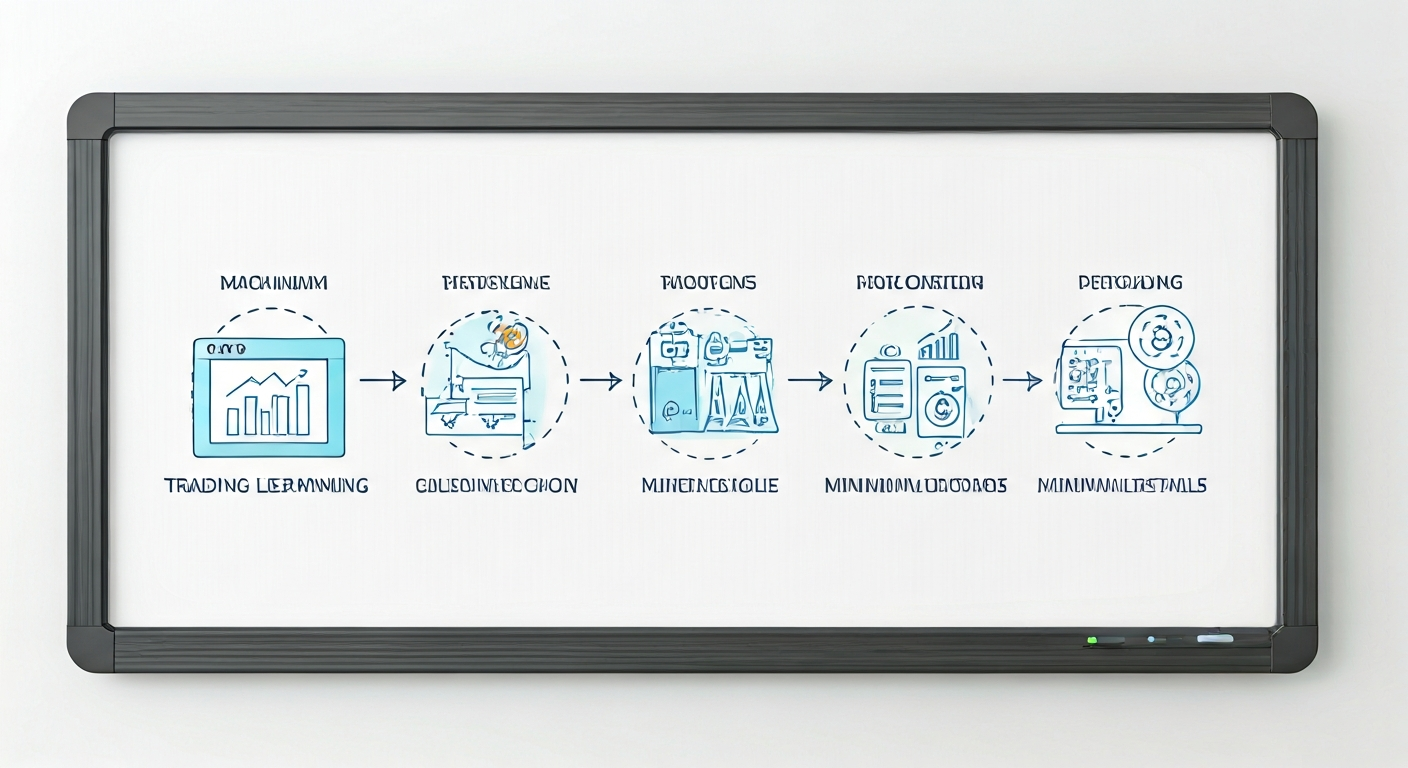 Illustration of a four-step process on a whiteboard with simple icons and arrows, representing a clear and repeatable trading learning routine.