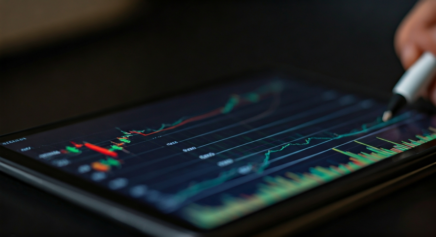 Close-up of a chart with candlesticks, moving averages, and drawn trend lines on a tablet screen, symbolizing technical analysis study materials.